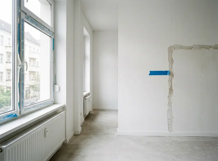 Leere Neubauwohnung vor der Abnahme mit Markierungsband an einer Putzfuge