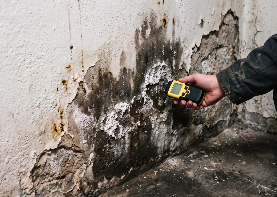 Feuchteschaden mit Salzausblühungen an einer Kellerwand, Feuchtemessgerät wird angesetzt