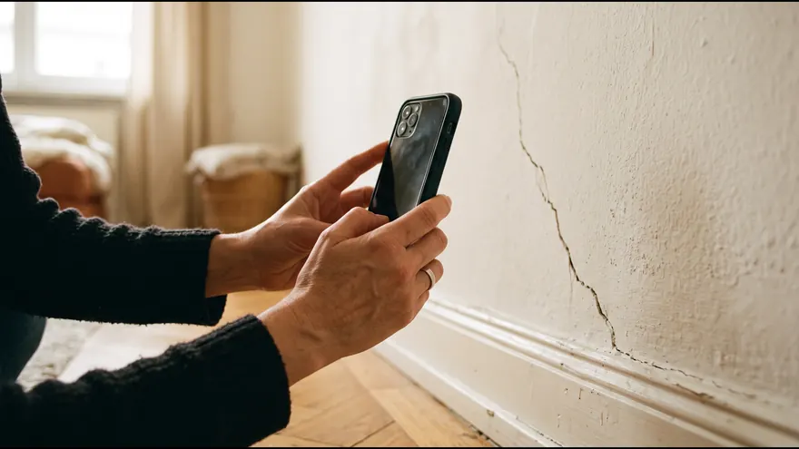 Eigentümerin fotografiert mit dem Handy einen Riss in der Wohnzimmerwand